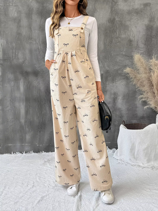 Women’s Bow Tie Wide Leg Corduroy Overalls – Trendy High Waist Loose Fit Jumpsuit