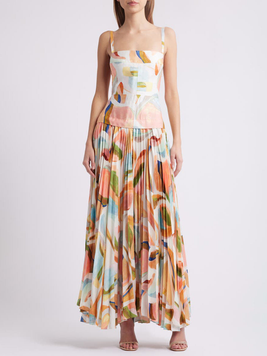 Unique Abstract Print Open Back Pleated Maxi Dress Multi