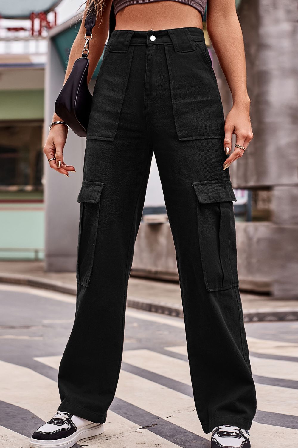 Buttoned High Waist Loose Fit Jeans Black
