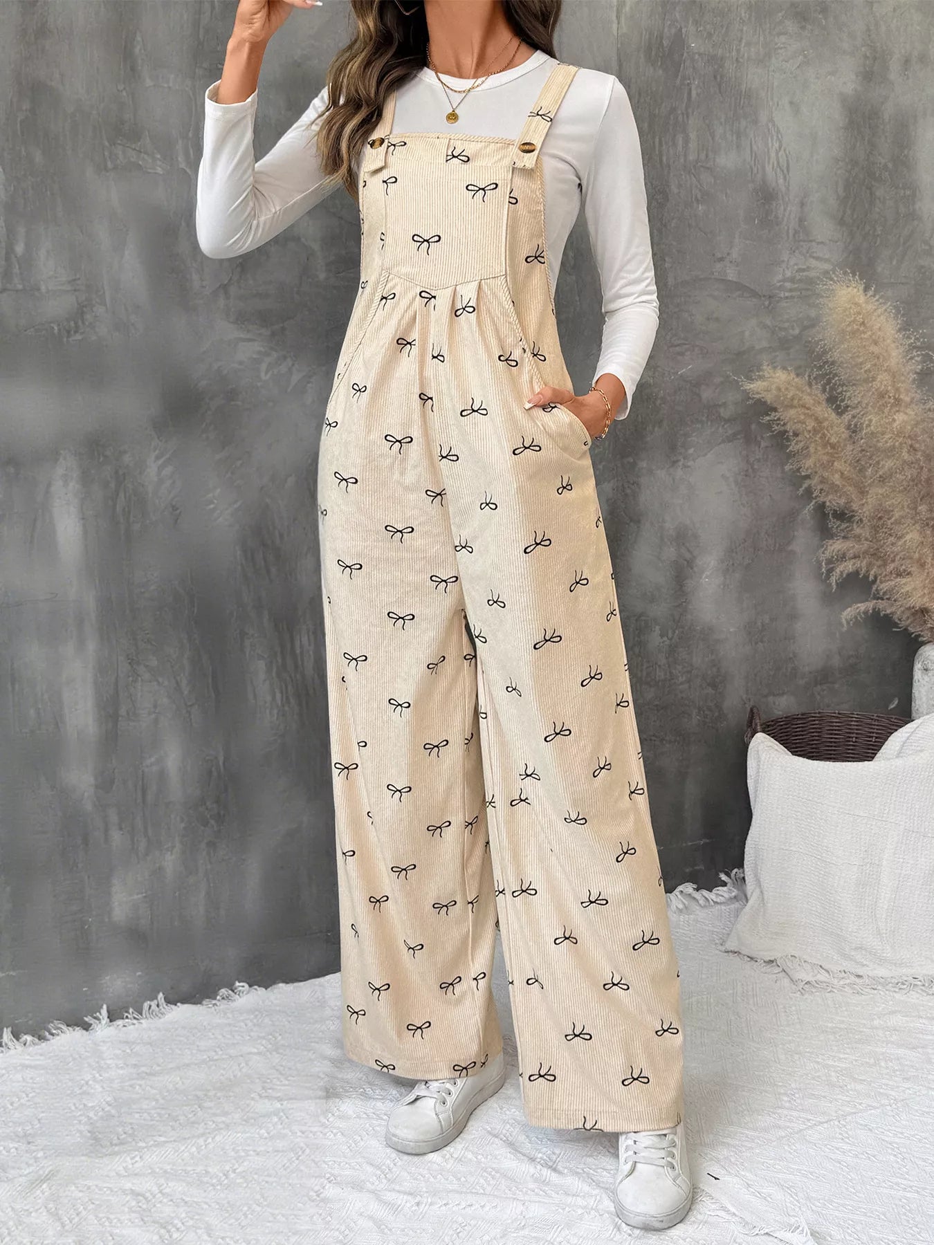 Women’s Bow Tie Wide Leg Corduroy Overalls – Trendy High Waist Loose Fit Jumpsuit