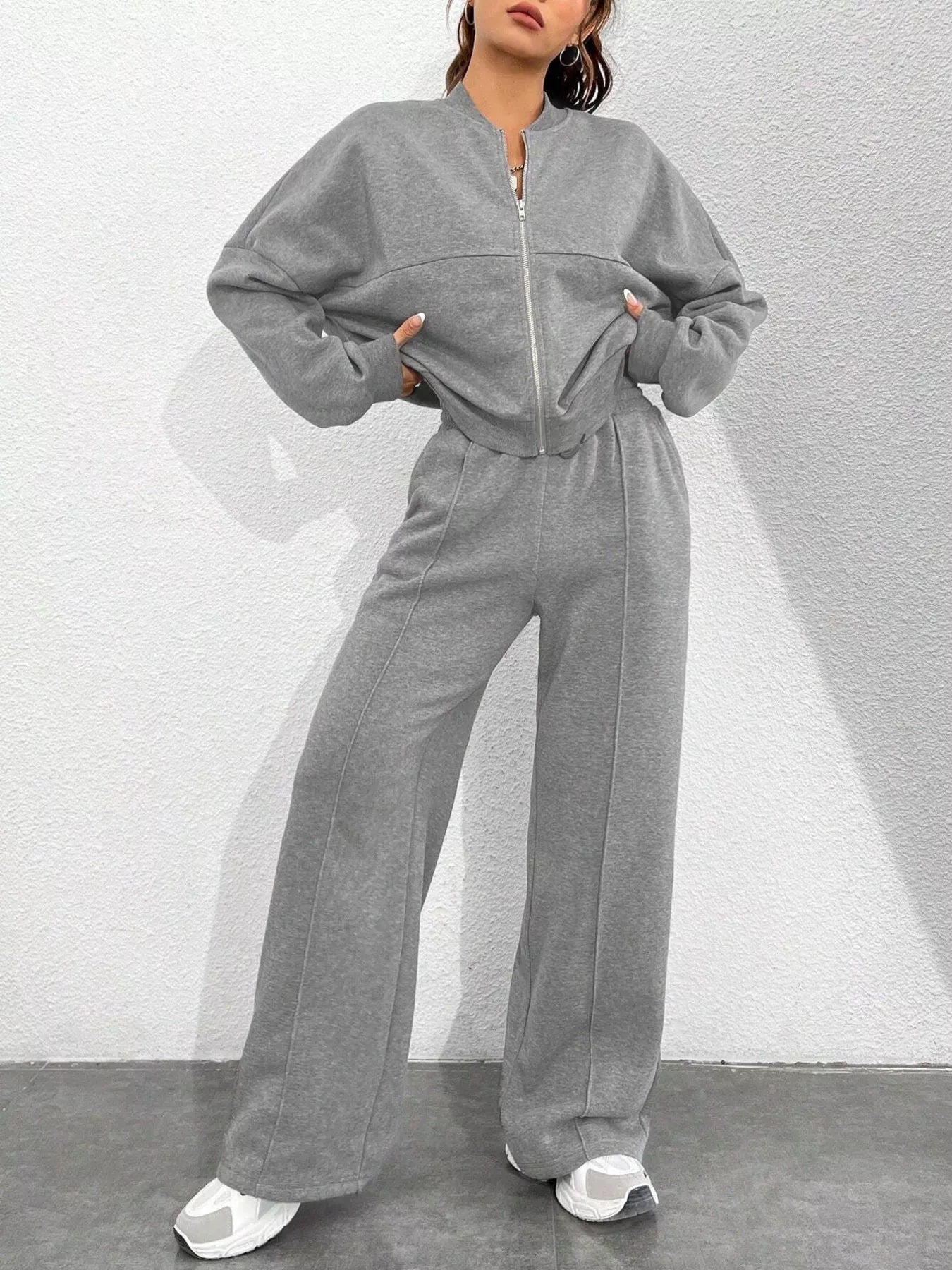 Casual Solid Color Zipper Jacket and Wide Leg Pants Set