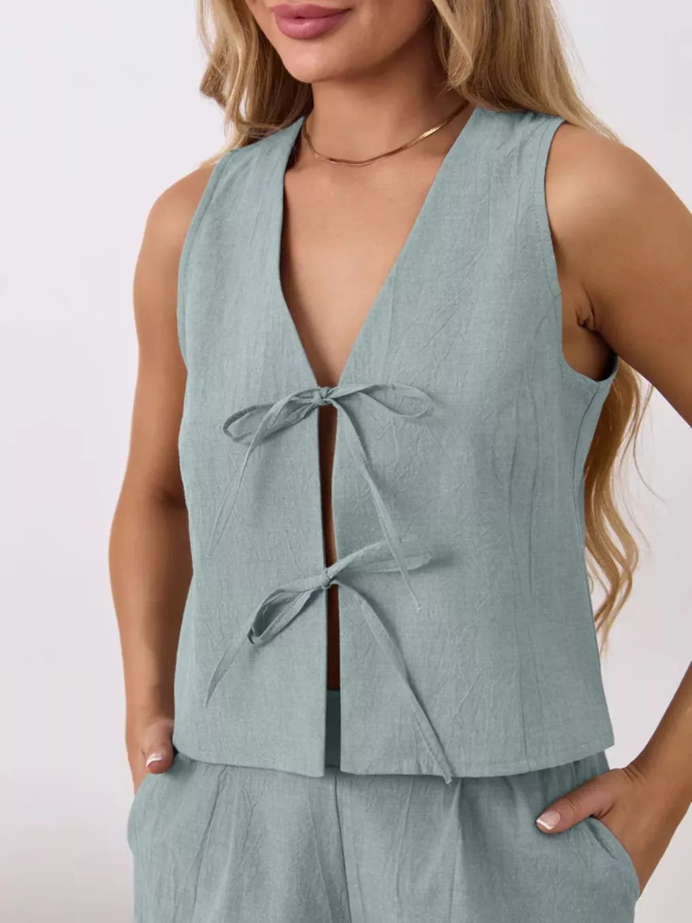 Tie-Front Sleeveless Top and Shorts Set