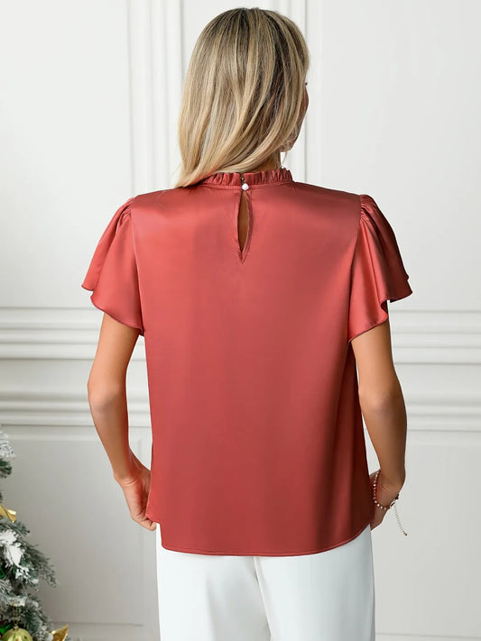 Mock Neck Flutter Sleeve Blouse