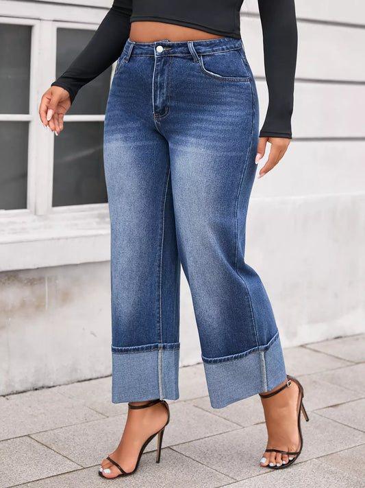 Plus Size High Waist Cuffed Wide Leg Jeans