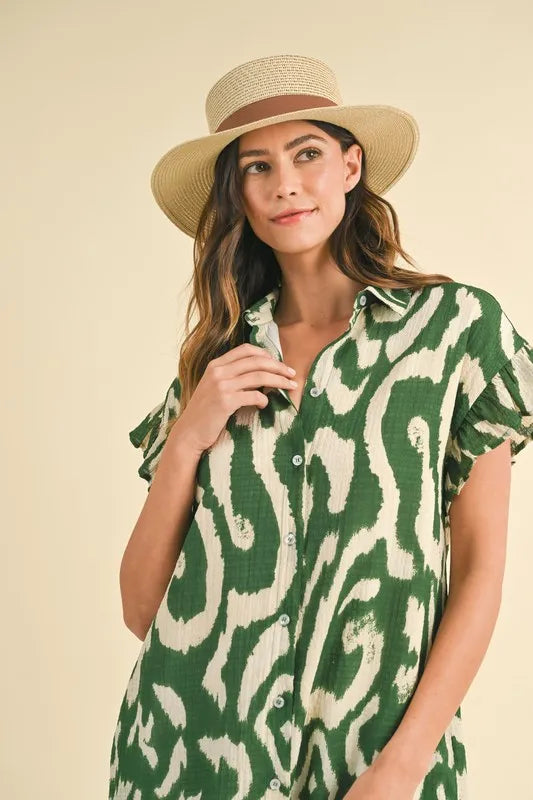 Annie Wear Abstract Printed Frill Sleeve Shirt Mini Dress