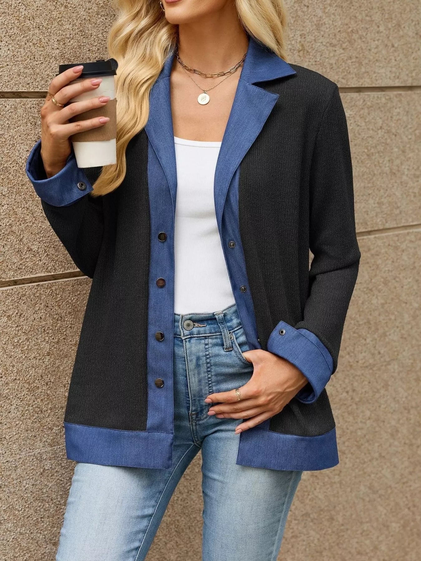 Contrast Denim Lapel Collar Outerwear
