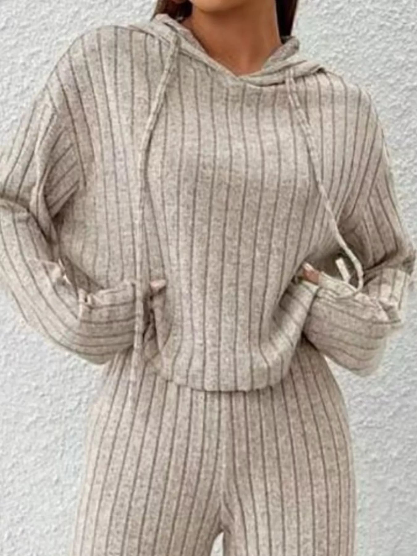 Ribbed Knit Hoodie & Wide Leg Pants Set