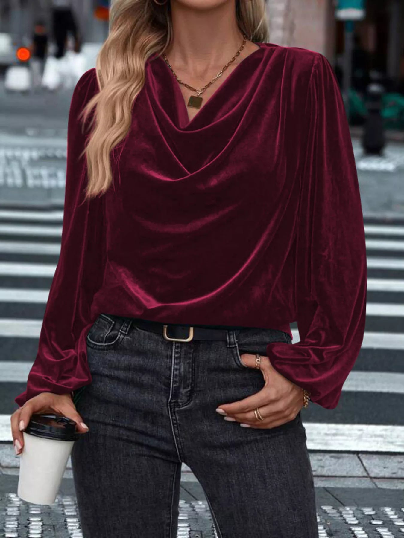 Full Size Velvet Cowl Neck Blouse Plus Size