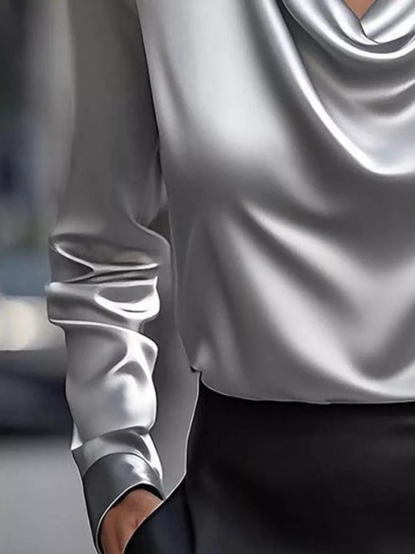 Shiny Satin Cowl Neck Long Sleeve Blouse - Inclusive Sizing