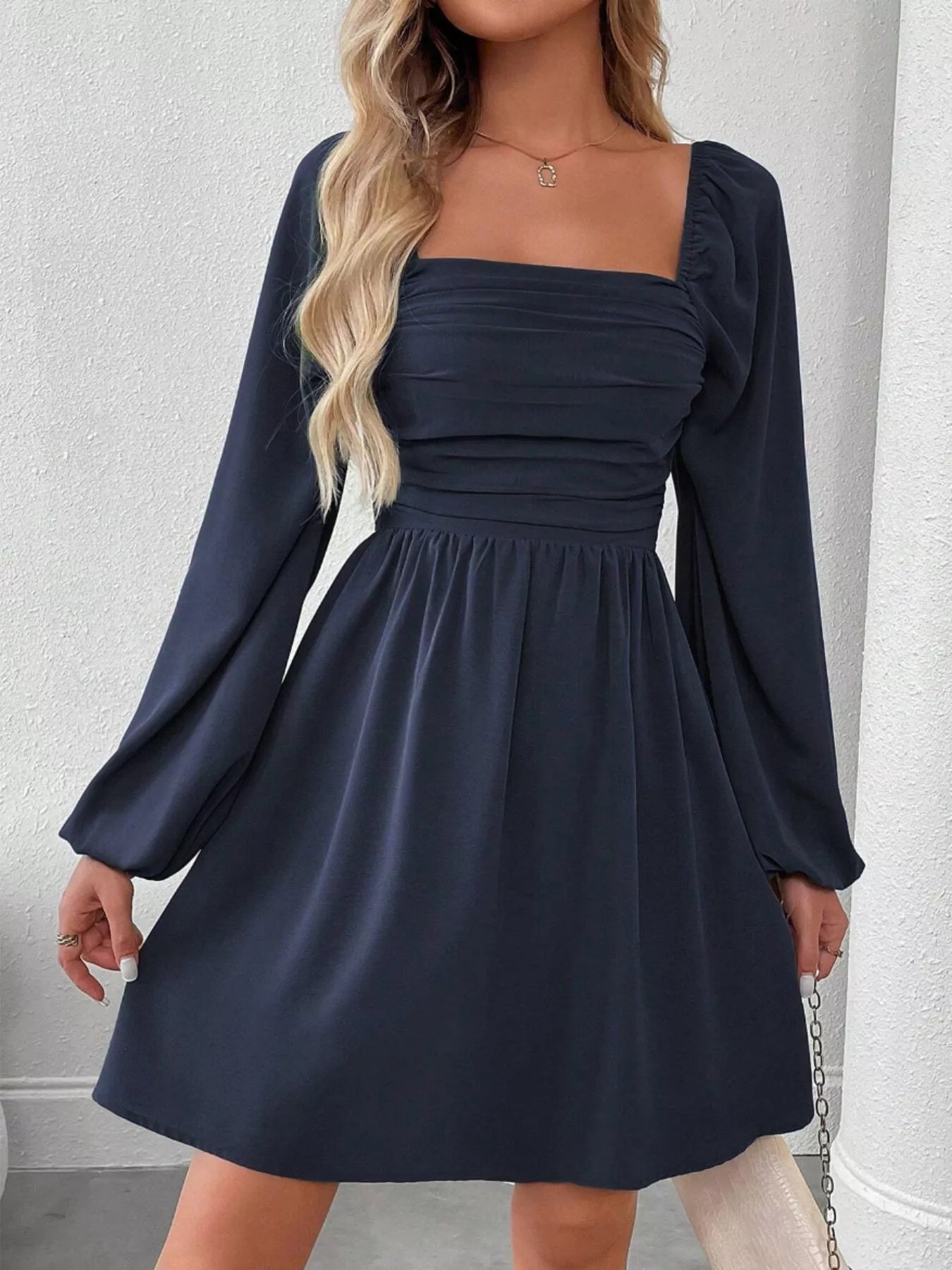 Ruched Square Neck Long Sleeve A-Line Dress