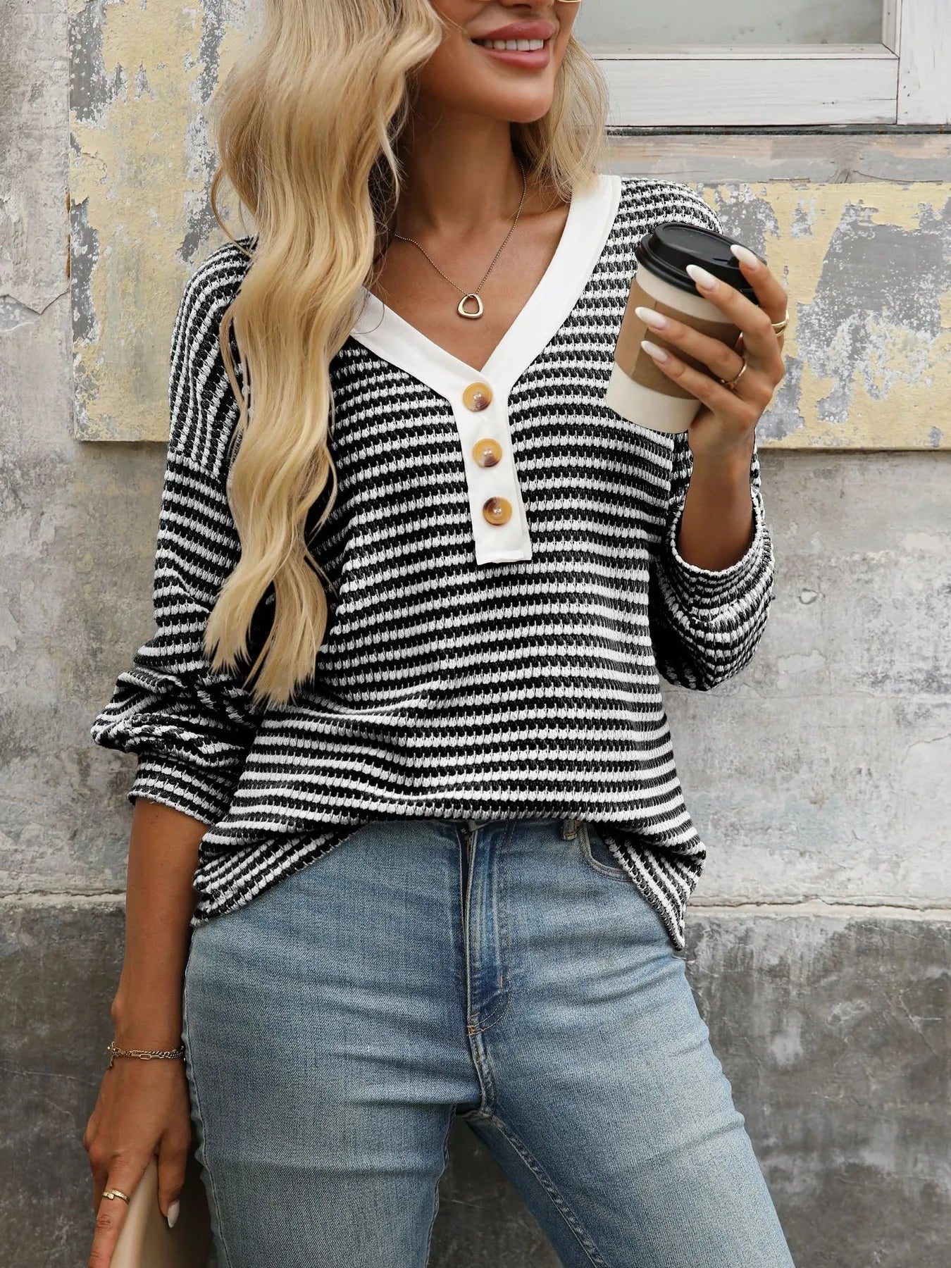 Striped V-Neck Button Front Casual Top