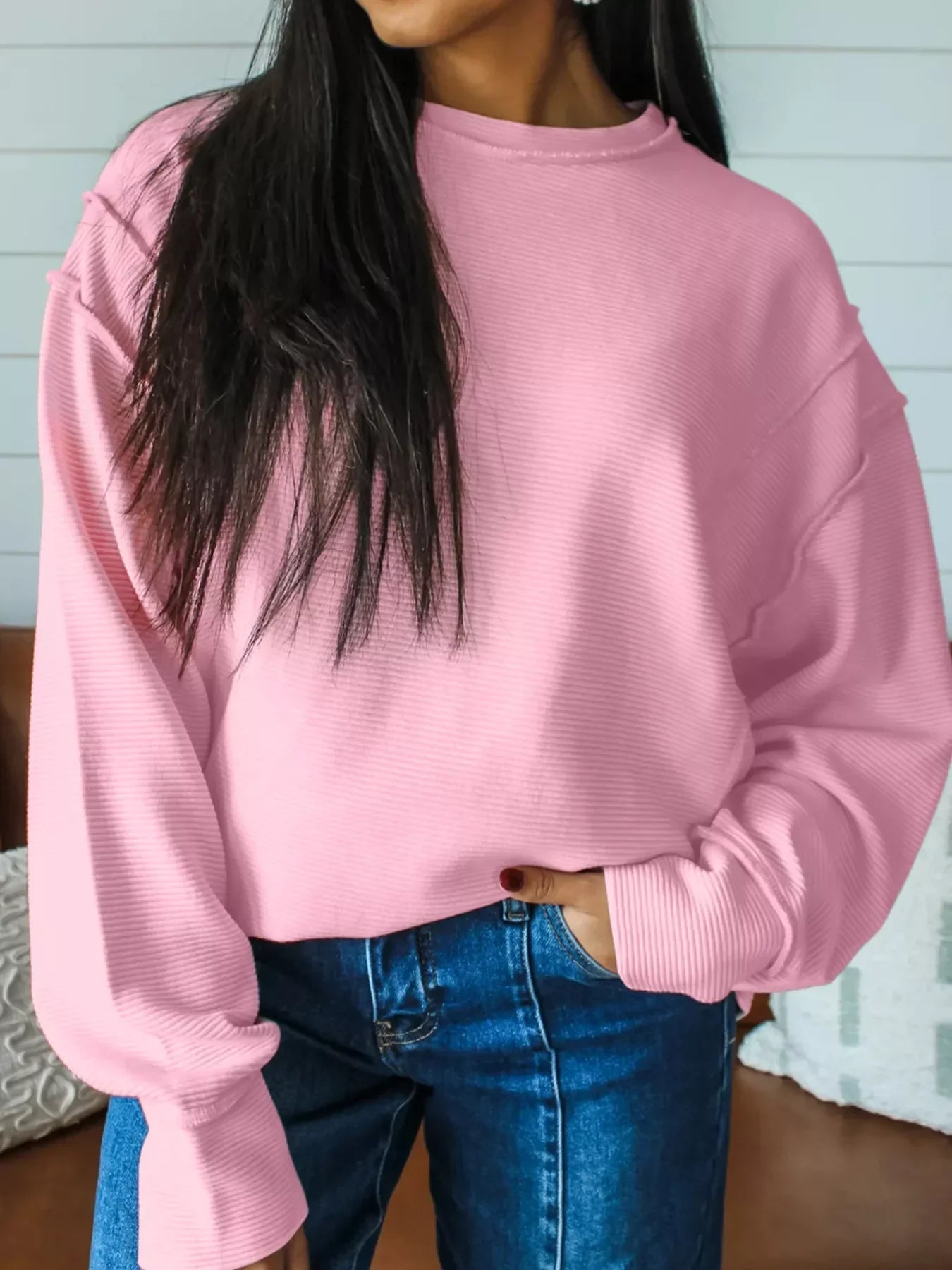 Blush Pink Horizontal Ribbed Drop Shoulder Baggy Pullover – Exposed Seam Detail