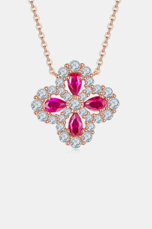 Radiant Ruby Flower Pendant Necklace – Silver