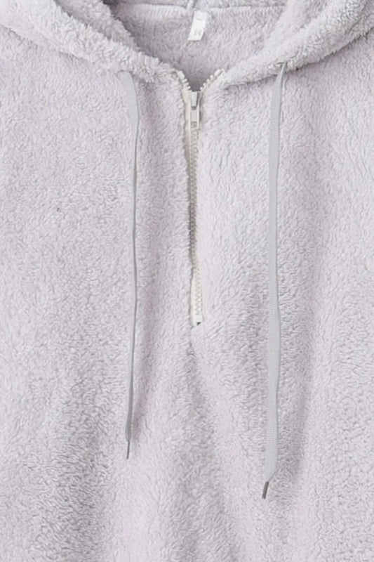 Cozy Quarter-Zip Teddy Hoodie – Full Size, Plush & Playful with Drawstring Style