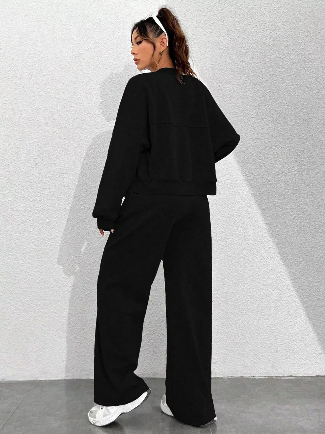 Casual Solid Color Zipper Jacket and Wide Leg Pants Set