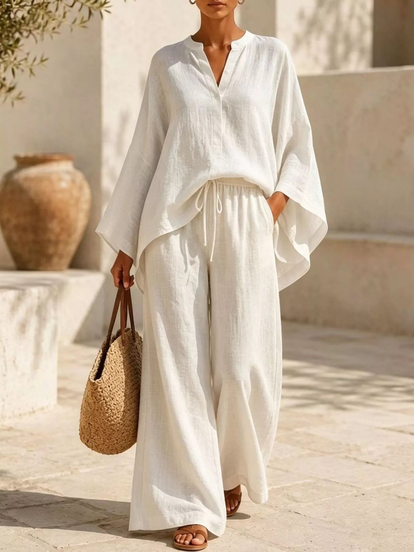 Full Size Notched Long Sleeve Top and Wide-Leg Pants Set Plus Size