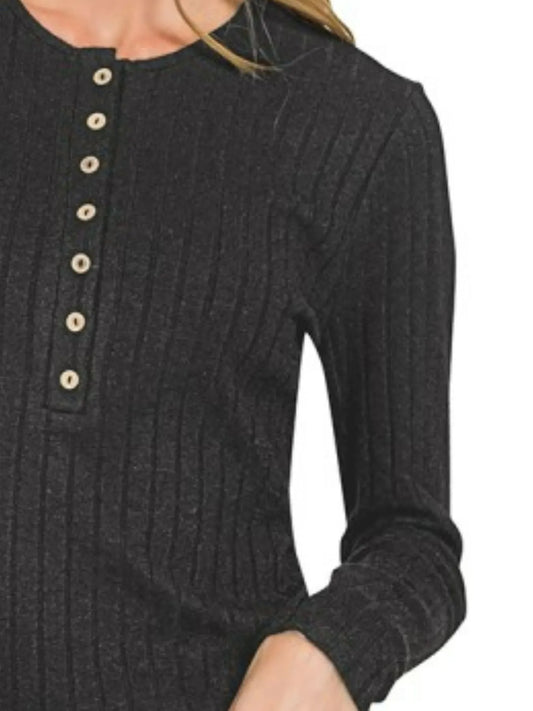 Black Long Sleeve Ribbed Top – Half Button Front