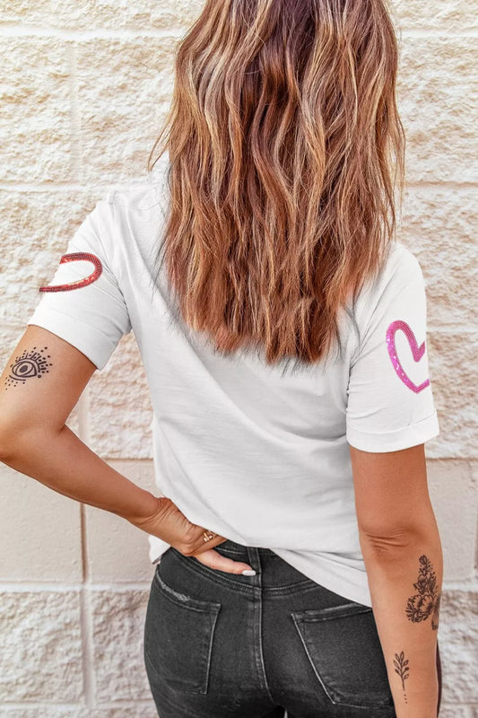 Sequin Heart Short Sleeve Casual Tee