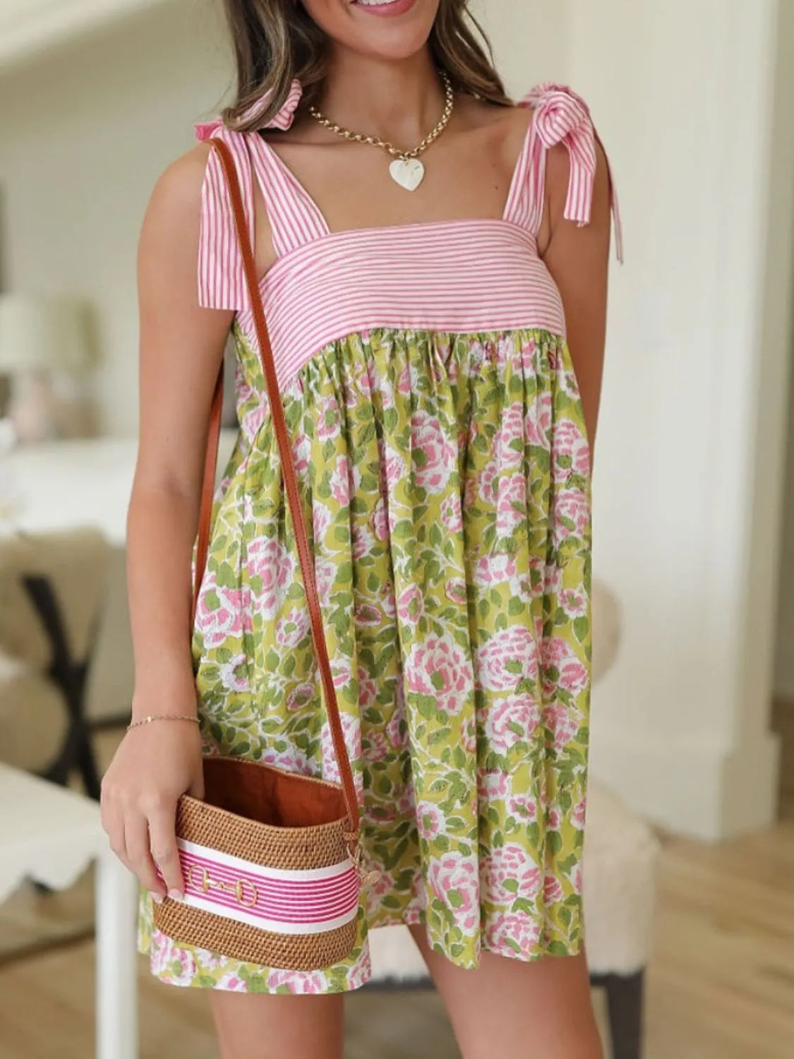 Printed Square Neck Tie Shoulder Mini Dress Pink