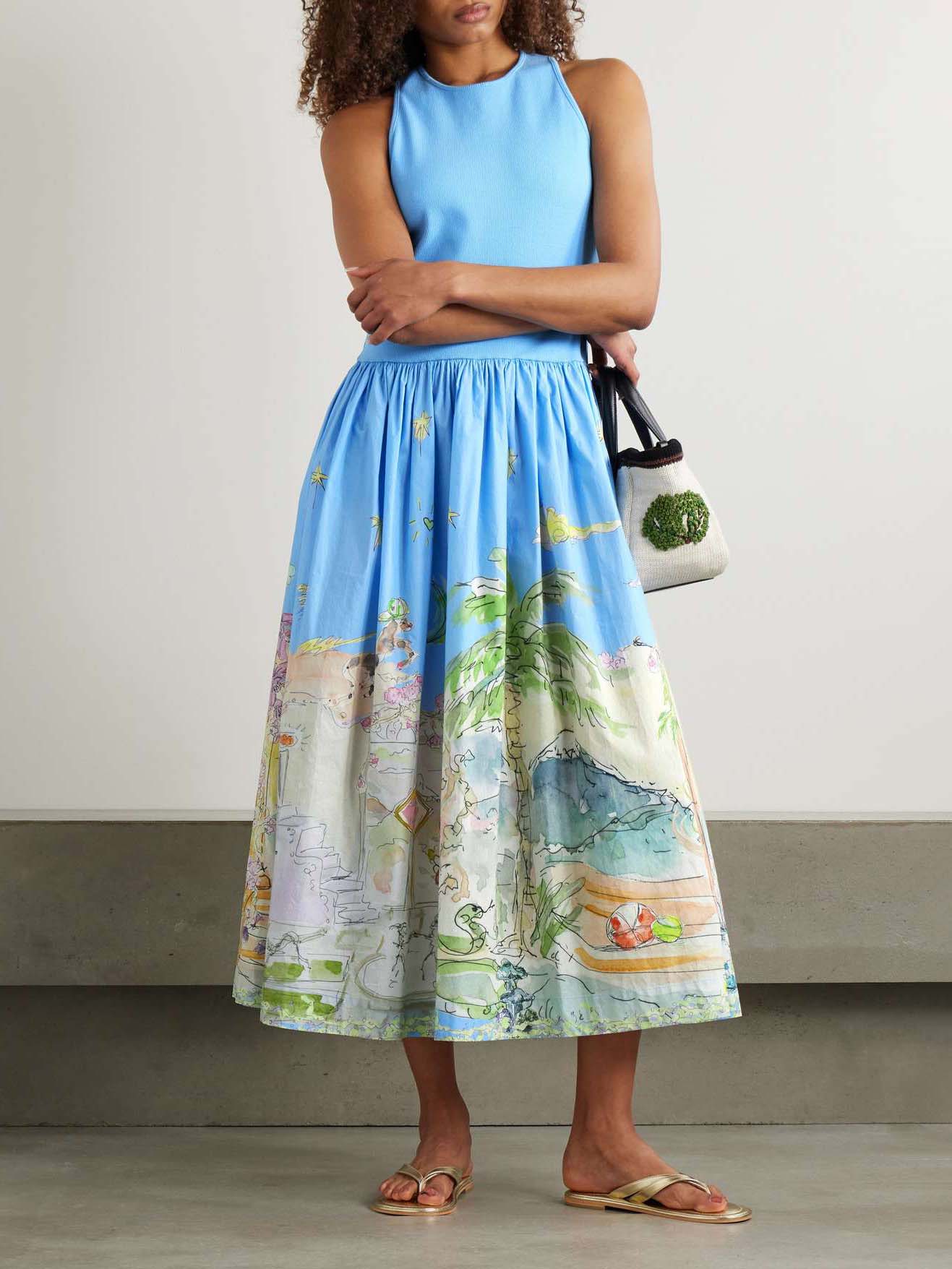 Unique Bright Beach Print Midi Dress Blue