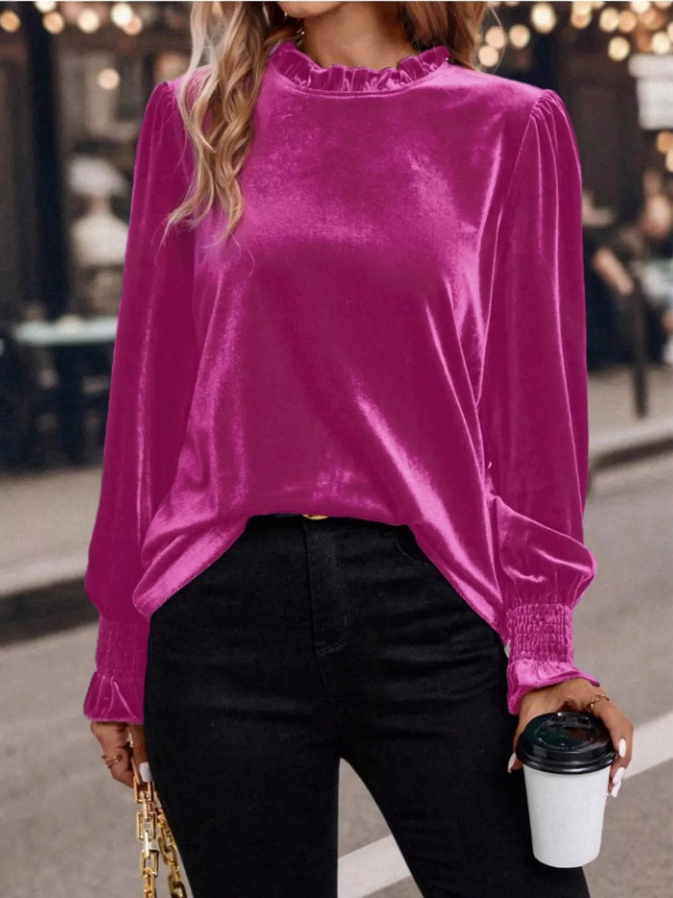 Velvet Ruffle Trim Blouse