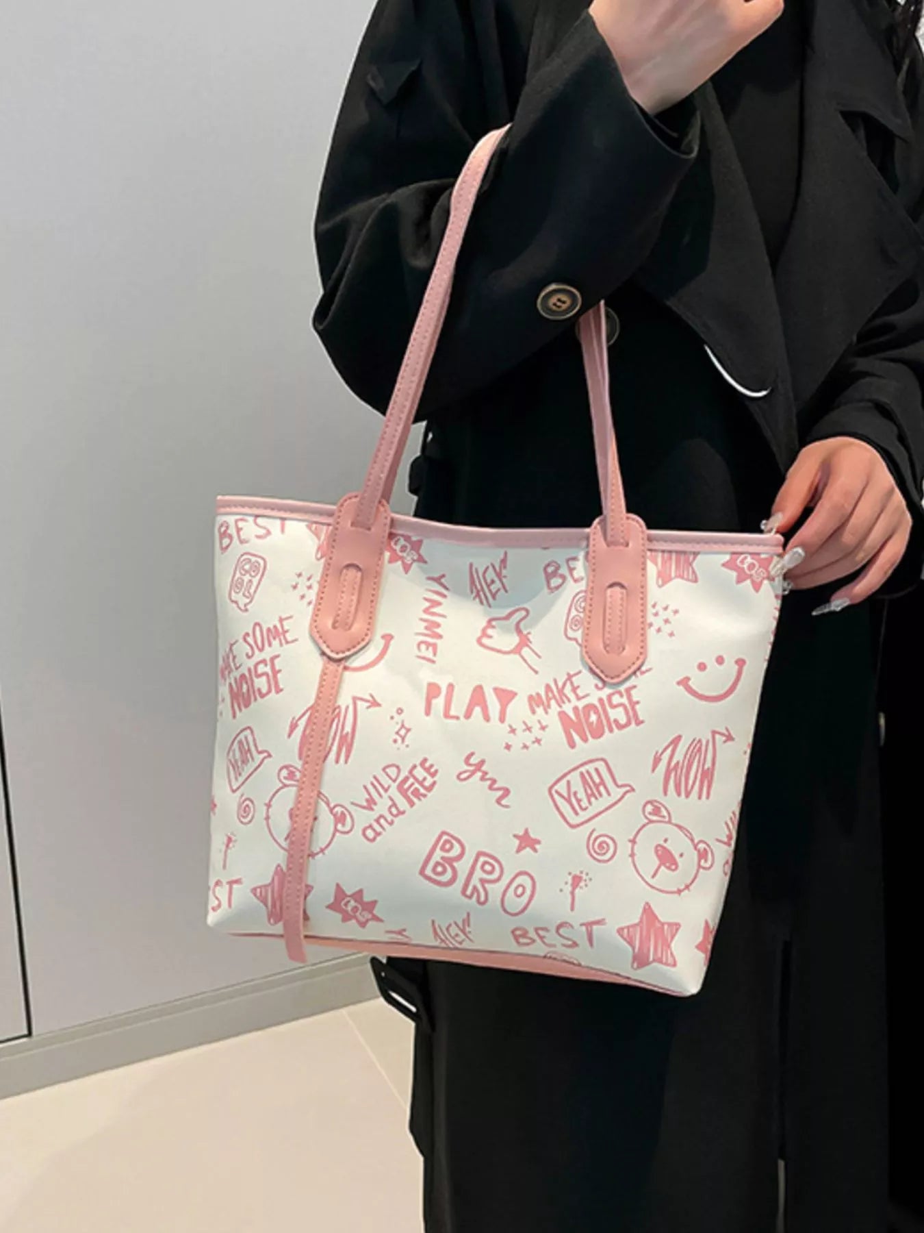 Trendy Graffiti Print Casual Tote Bag – Large Canvas Shoulder Bag for Women