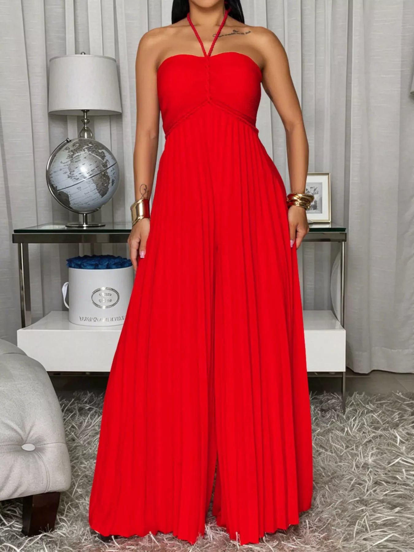 Pleated Halter Neck Wide Leg Jumpsuit
