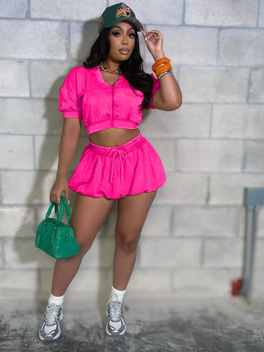 Women's Crop Top and Shorts Set  - Zip Up