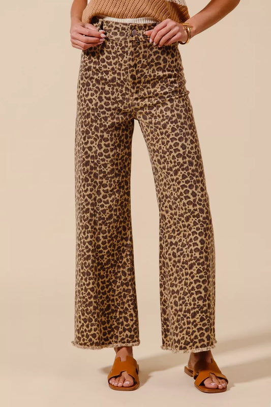 Mid Rise Leopard Twill Wide Leg Pants with Frayed Hem – Trendy Women’s Statement Trousers