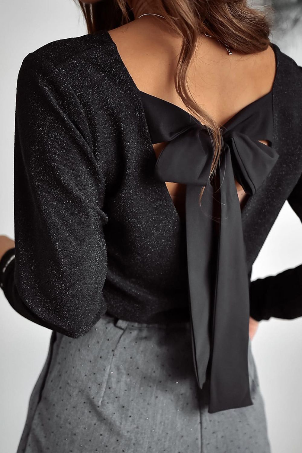 Bowknot V-Neck Long Sleeve Blouse Black