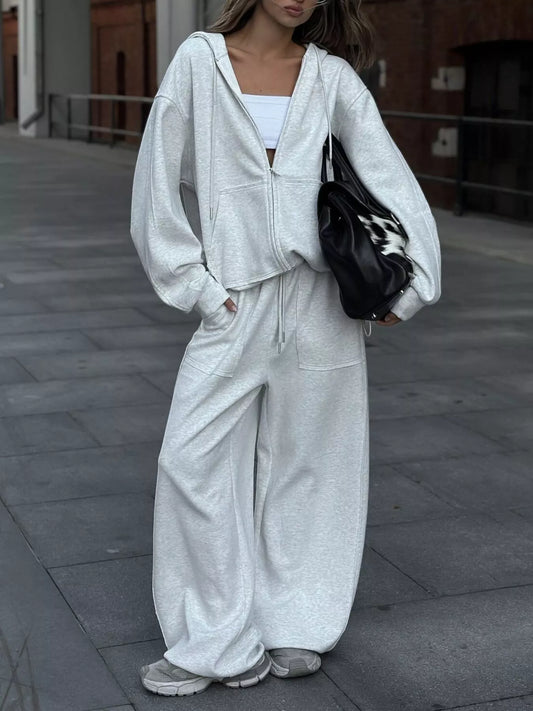 Oversized Zip-Up Hoodie and Wide-Leg Pants Set