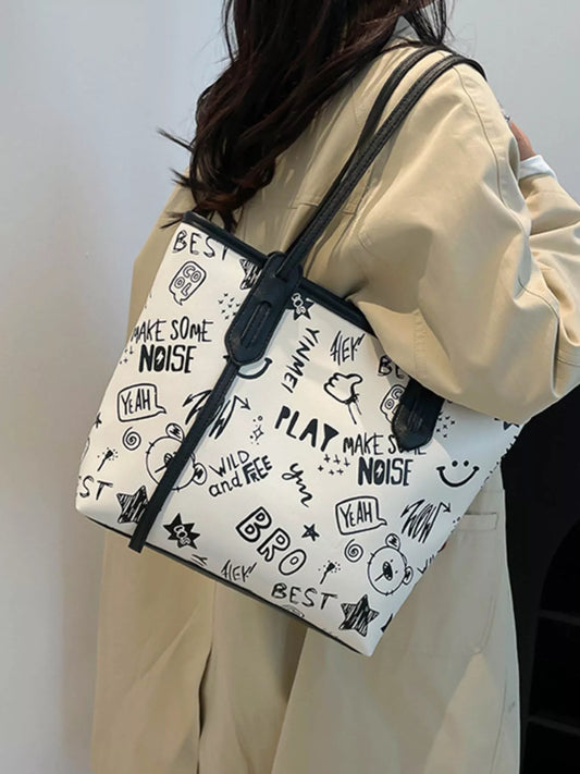 Trendy Graffiti Print Casual Tote Bag – Large Canvas Shoulder Bag for Women