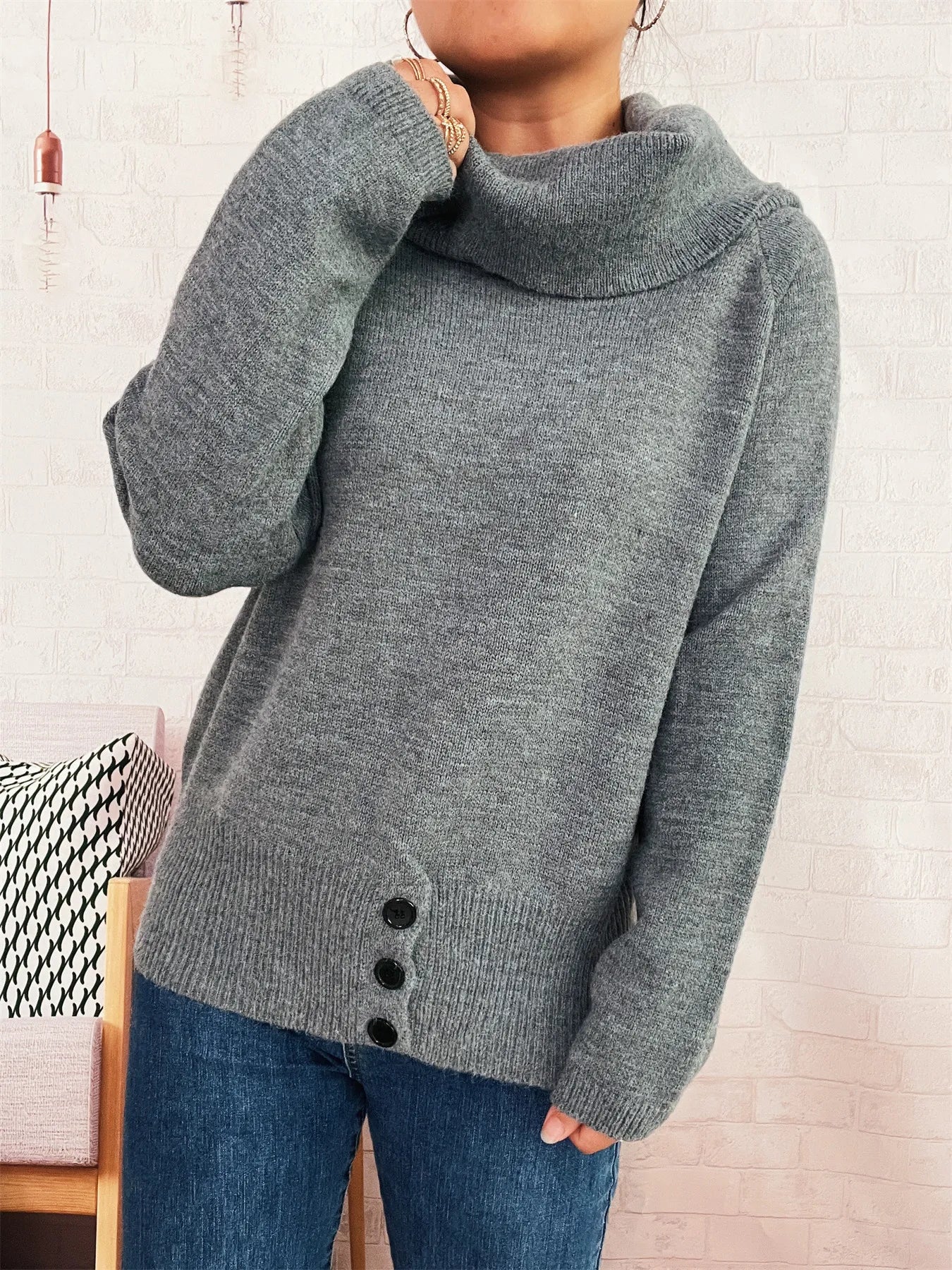 Women’s Striped Turtleneck Long Sleeve Sweater – Cozy Knit Pullover for Fall & Winter
