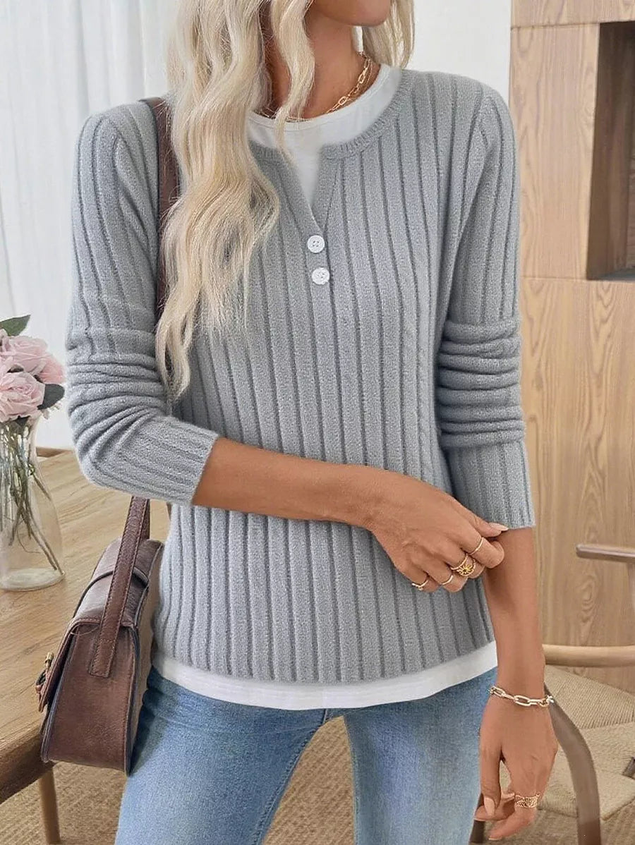 Ribbed Knit Long Sleeve Fake Two-Piece T-Shirt