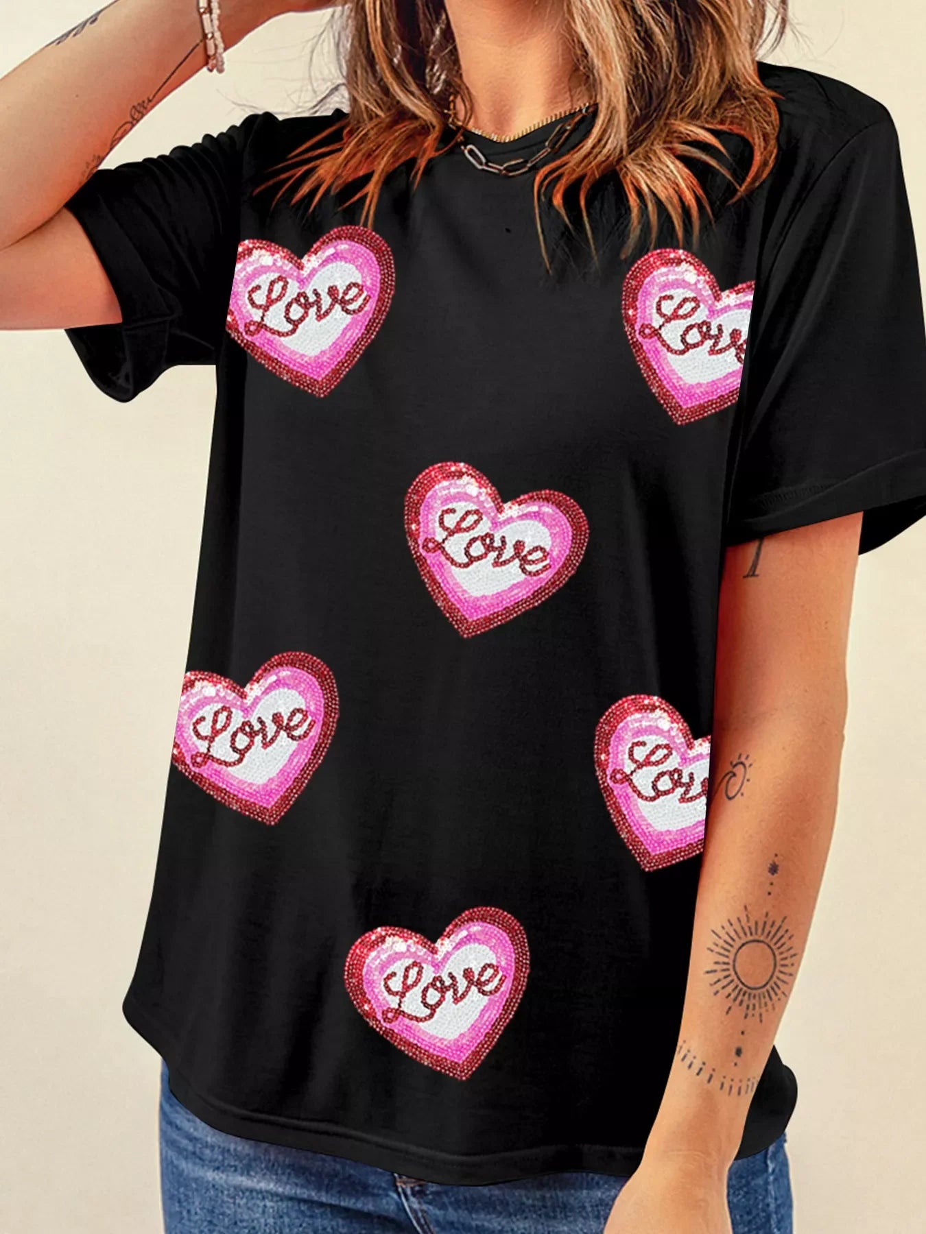 Sequin Love Heart Patched Crew Neck Casual Tee