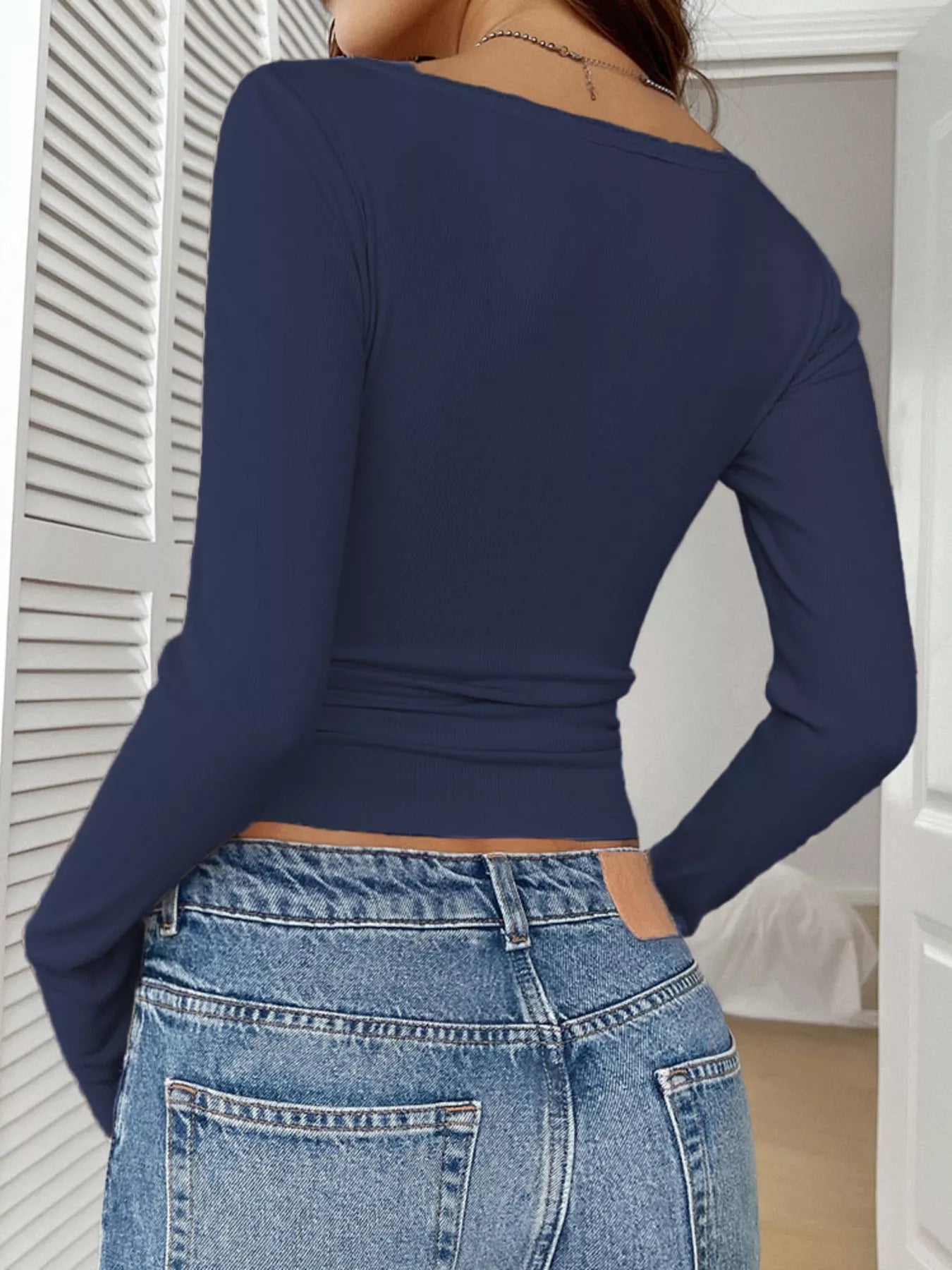 Ribbed Knit Lace Trim Long Sleeve T-Shirt