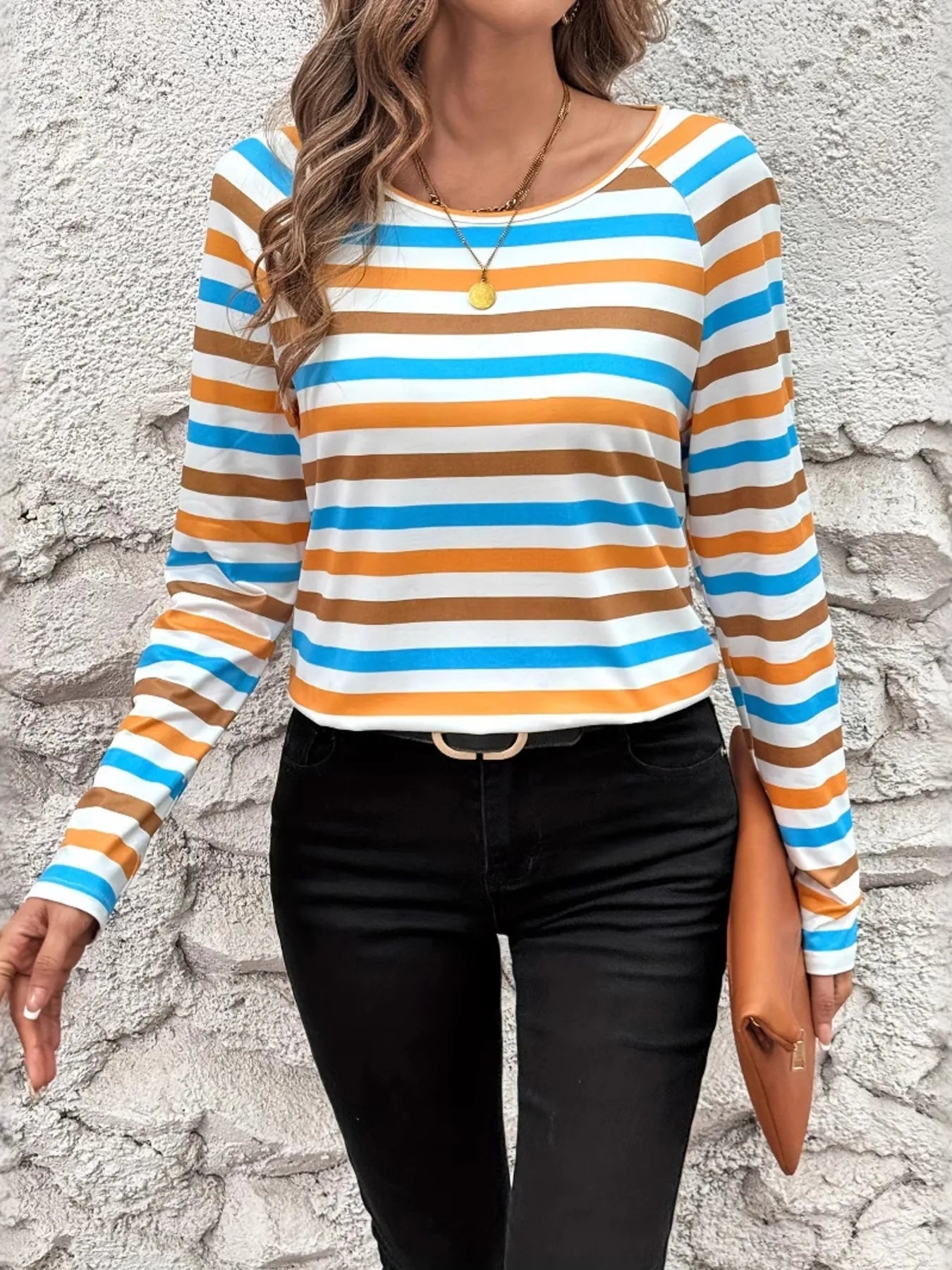 Light Blue and Gold Full Size Striped Long Sleeve Casual Top Plus Size