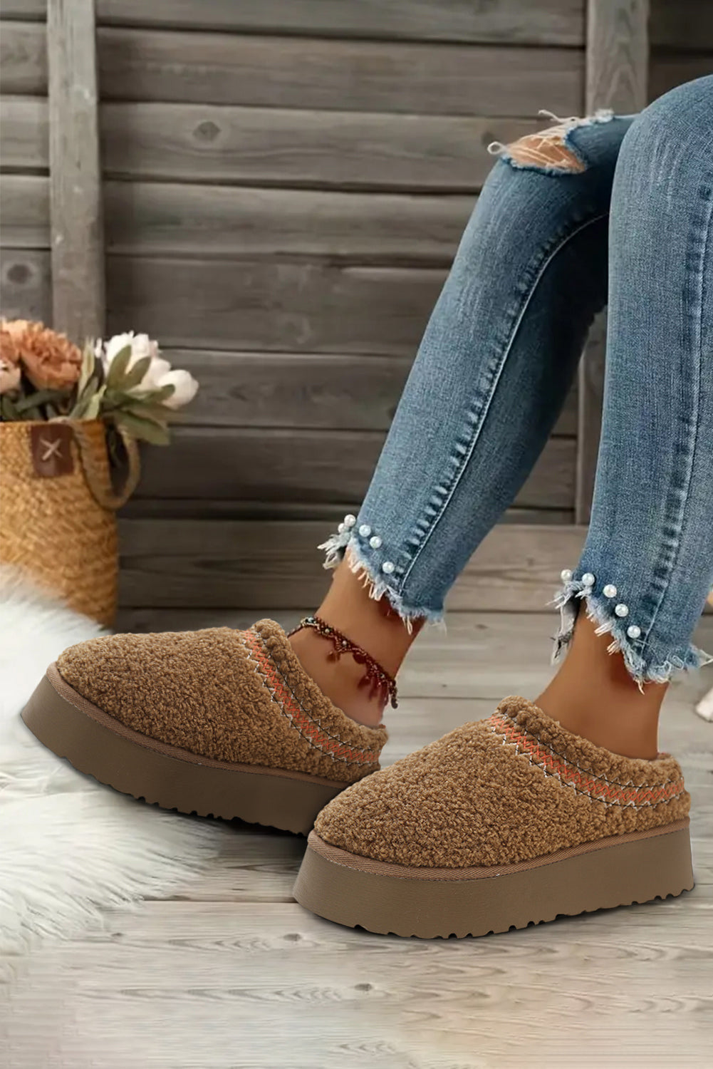 White Suede Contrast Print Plush Thick Sole Snow Boots