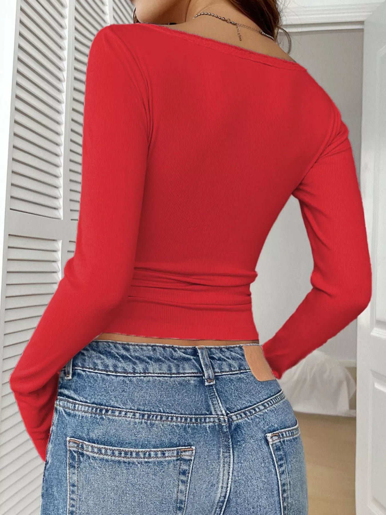 Ribbed Knit Lace Trim Long Sleeve T-Shirt