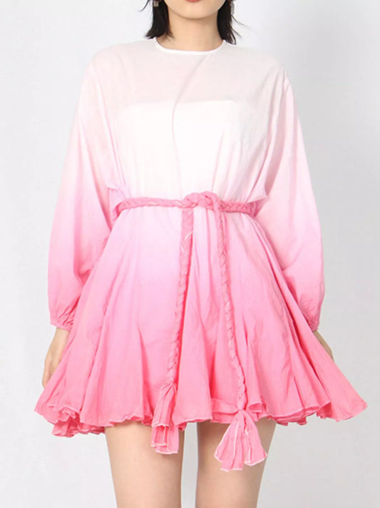Pink and White Gradient Round Neck Balloon Sleeve Dress – Ombre Long Sleeve Mini Dress for Women