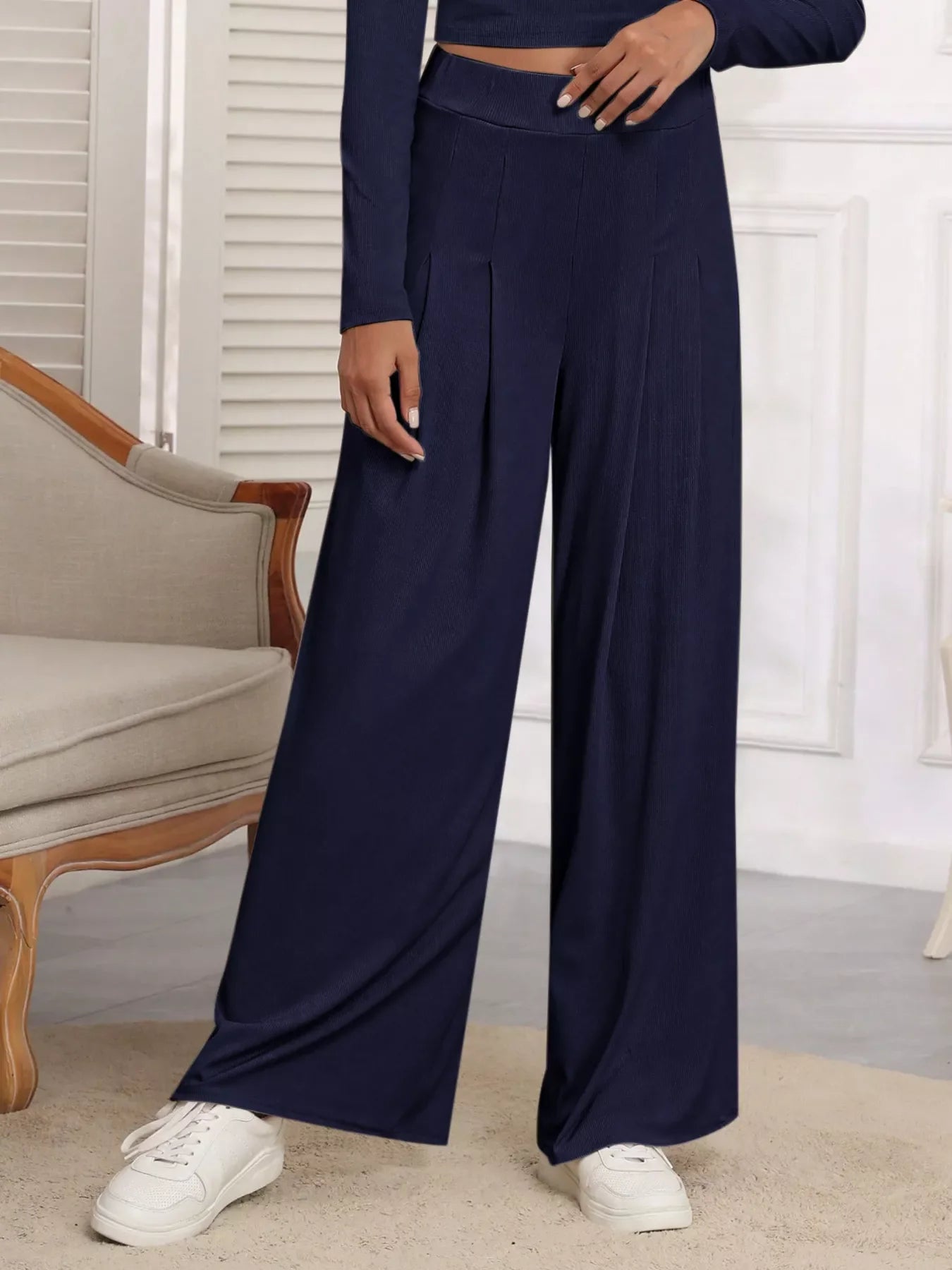 Casual Long Sleeve Crop Top and Wide Leg Pants Set