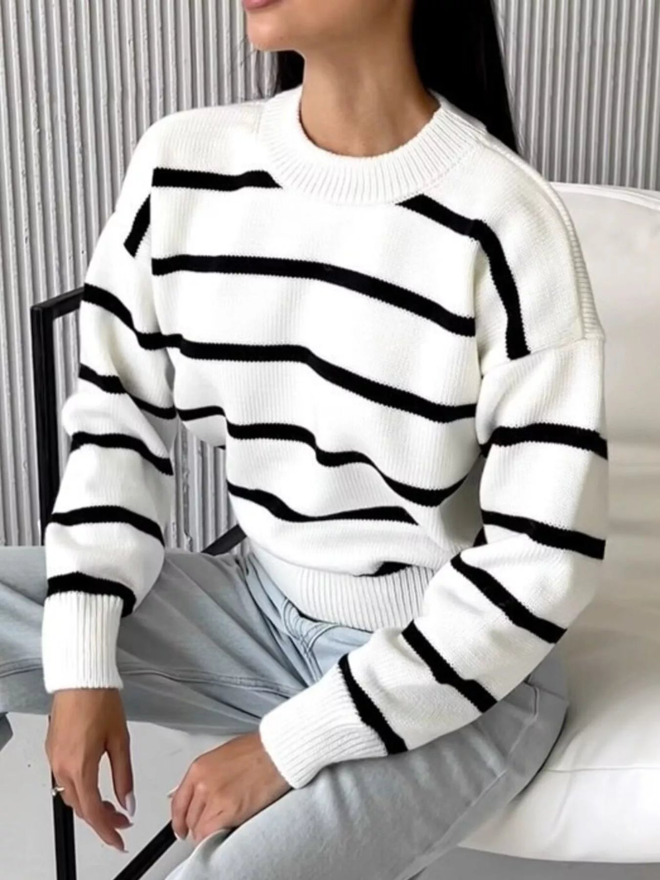 Striped Knit Round Neck Sweater