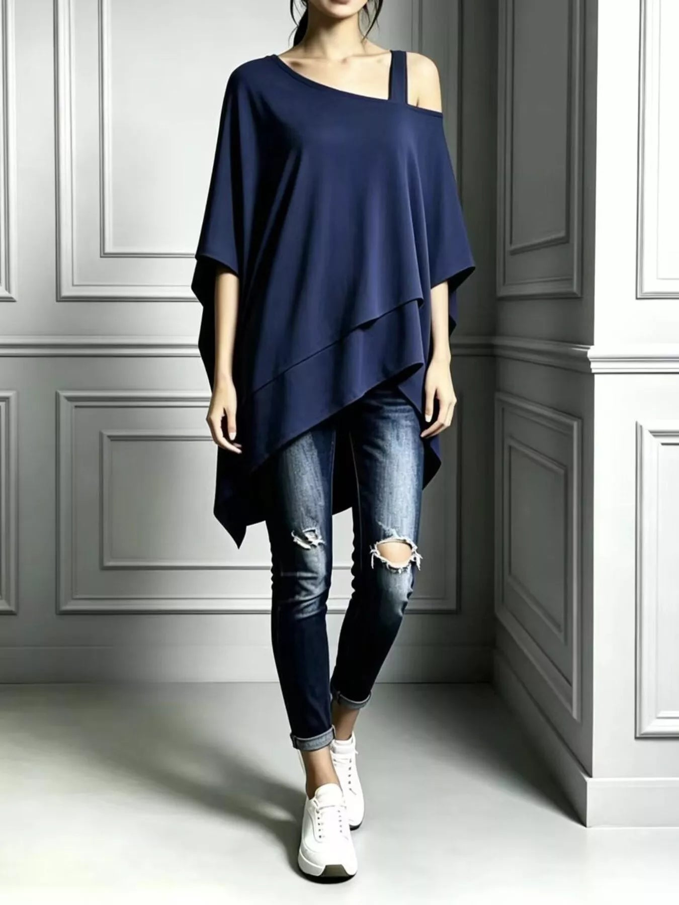 Plus Size Asymmetrical Neck Short Sleeve T-Shirt Plus Size Navy