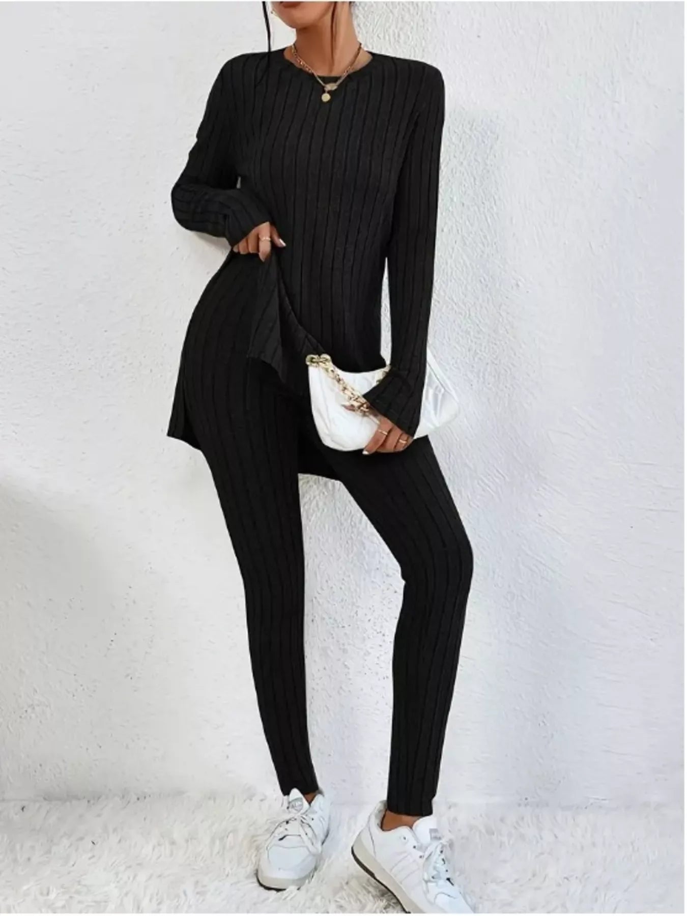 Side Slit Ribbed Top and Pants Set