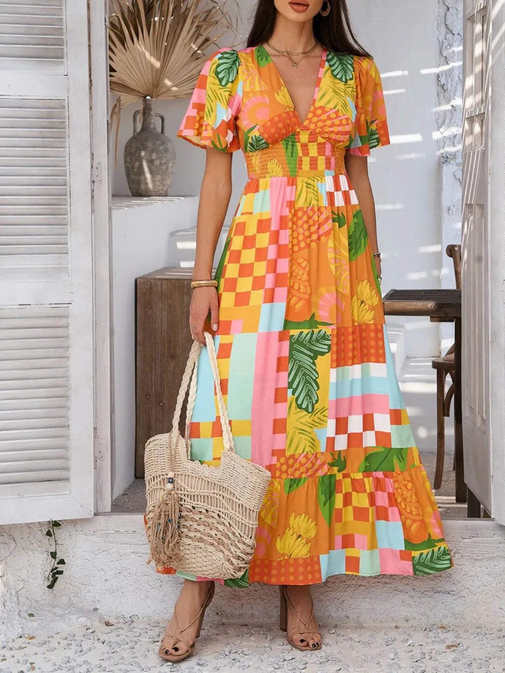 Devine Smocked Printed V-Neck Short Sleeve Maxi Dress