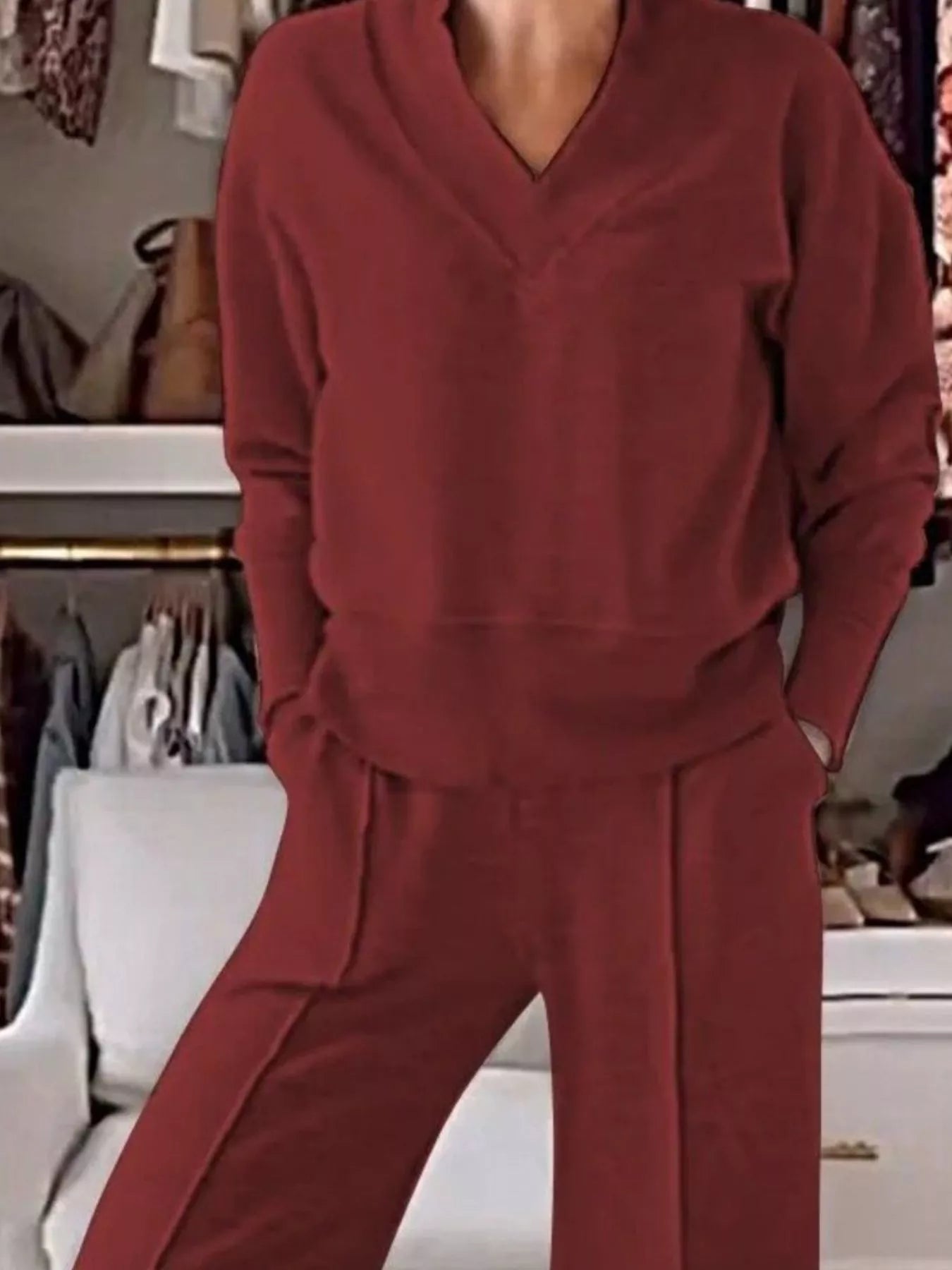 Full Size Cozy V-Neck Top and Pants Set Plus Size