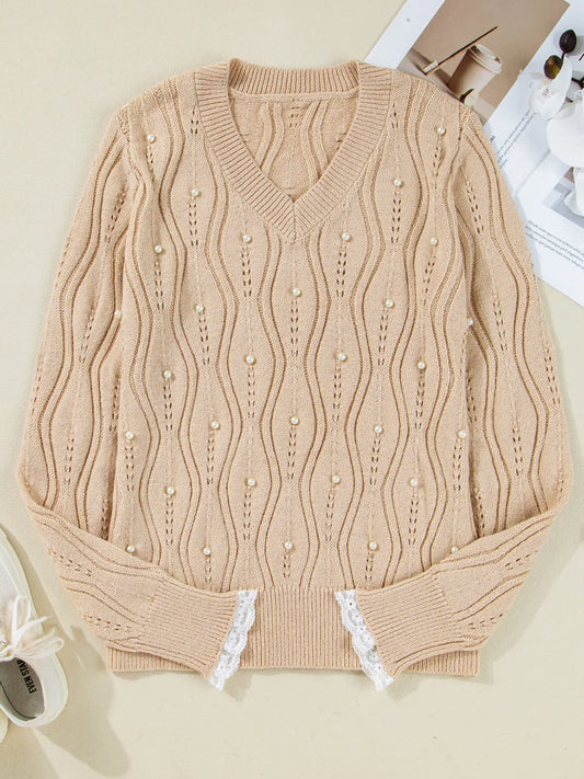 Pearl Beaded Sweater – Pointelle Knit, Lace Patchwork Sleeves