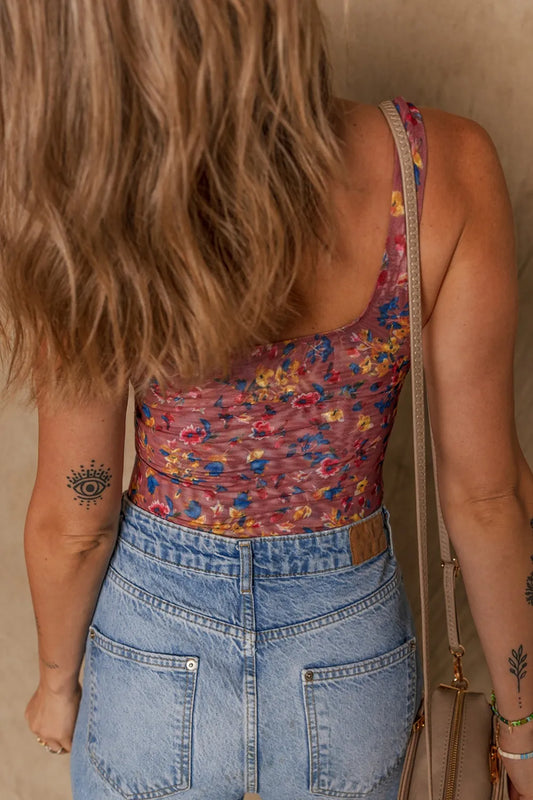 Floral Mesh Scoop Neck Wide Strap Bodysuit