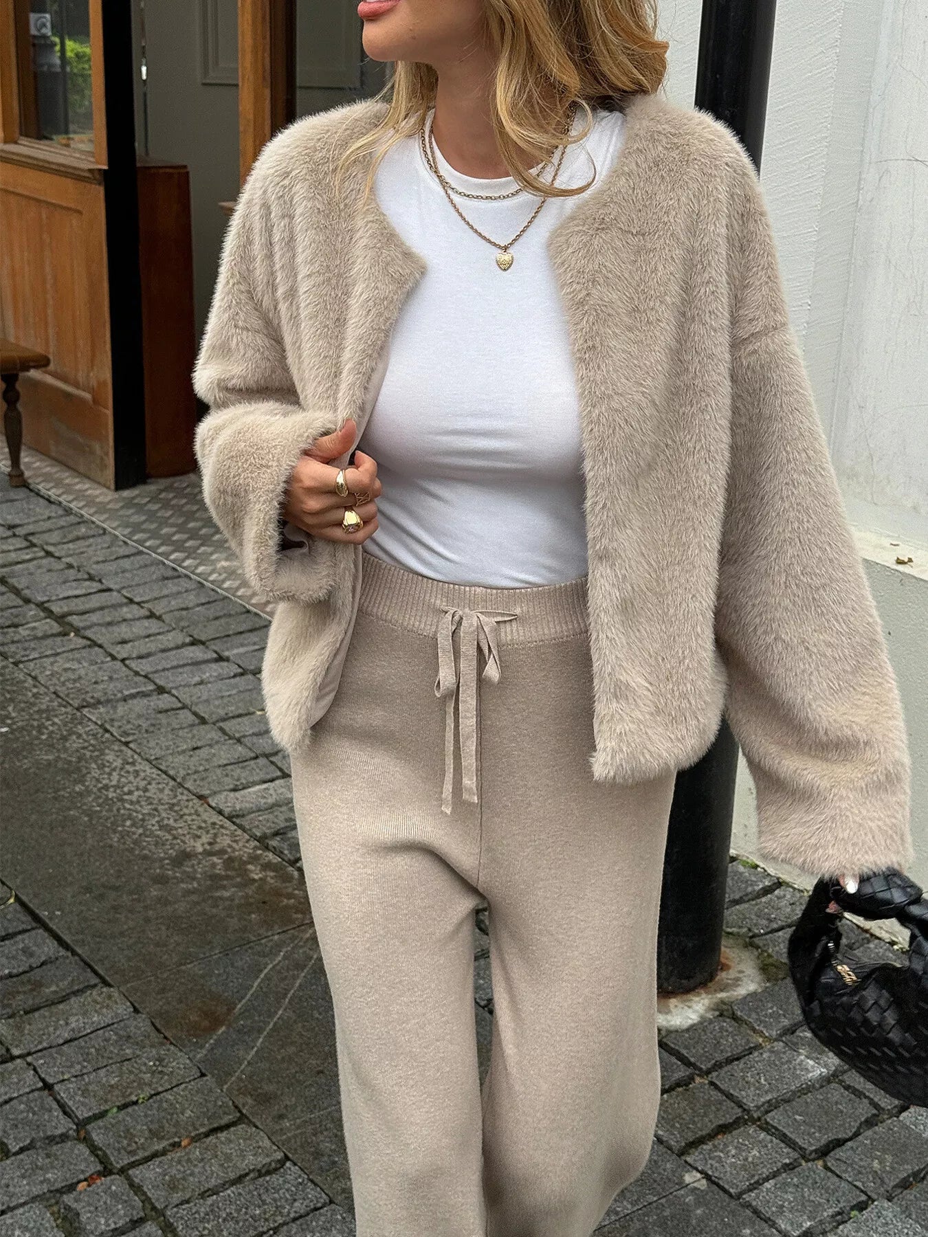 Open Front Dropped Shoulder Fuzzy Outerwear