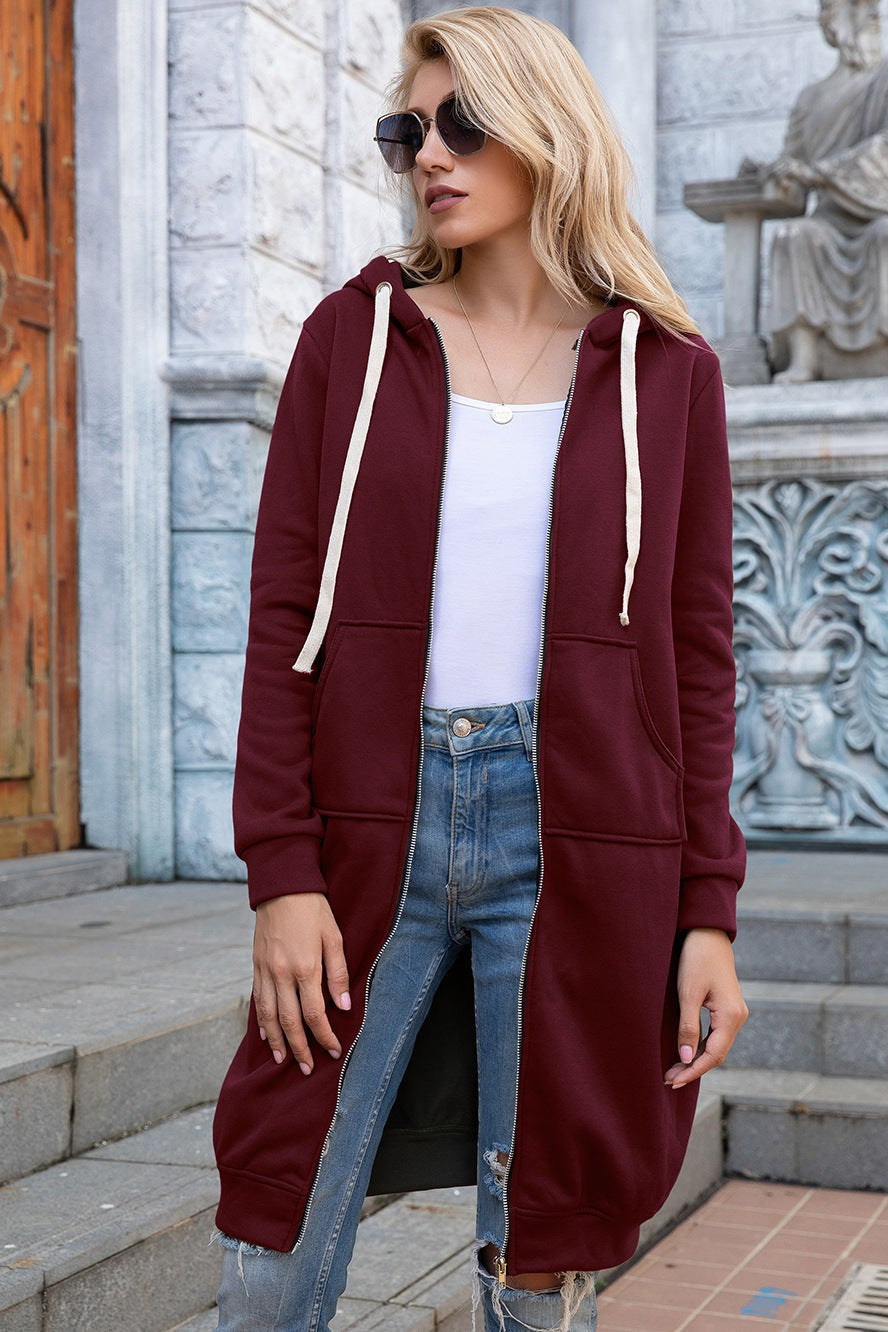 Full Size Zip-Up Longline Hoodie with Pockets Wine